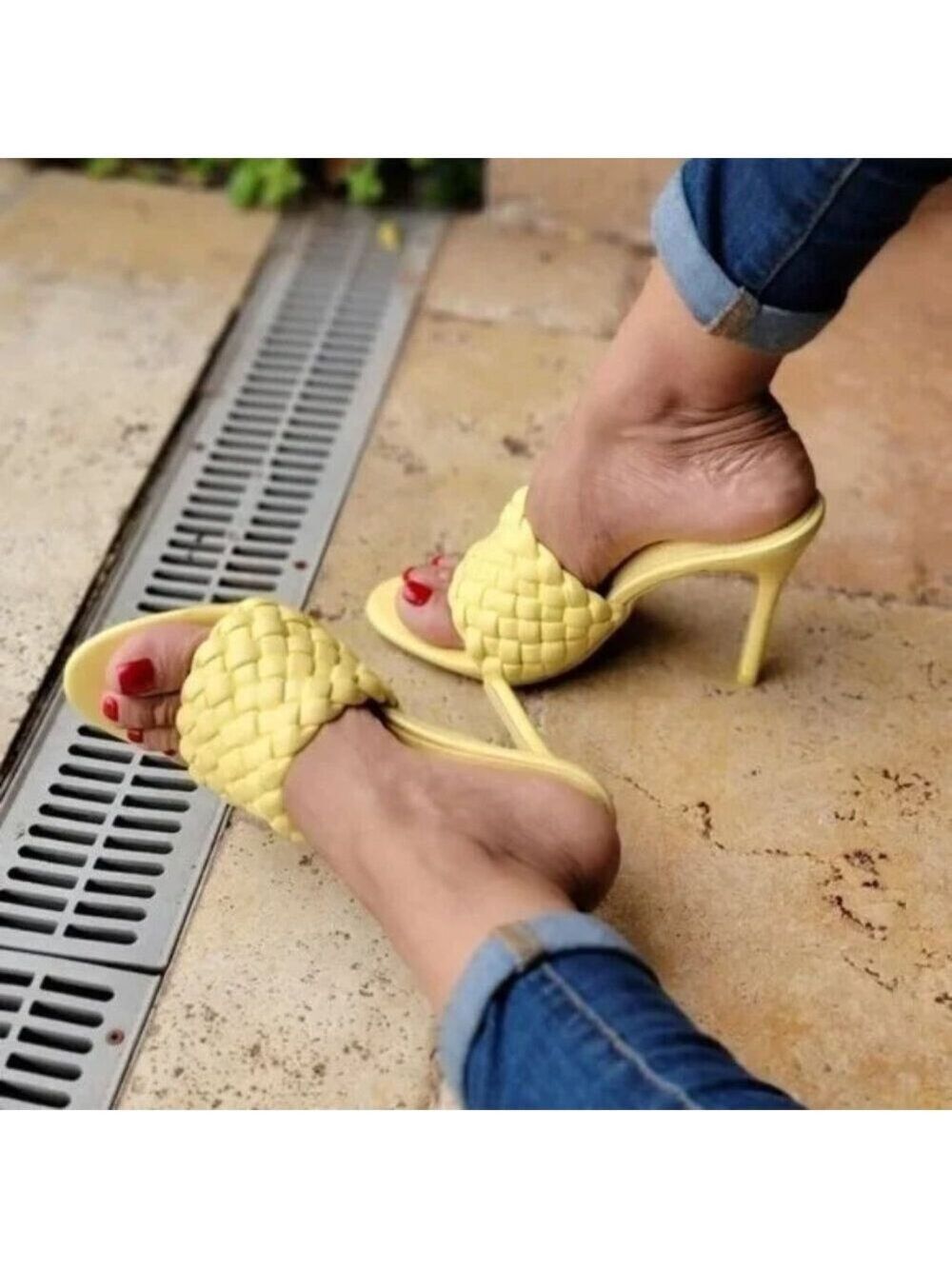 Slip On Yellow Open Toe Puff Weave Strap High Heel Clogs Mules Slides Anson
